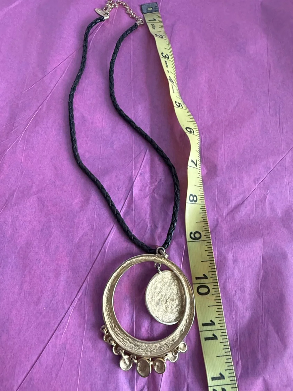 Avenue Gold-Tone Double Circle Pendant Necklace with Black Braided Cord